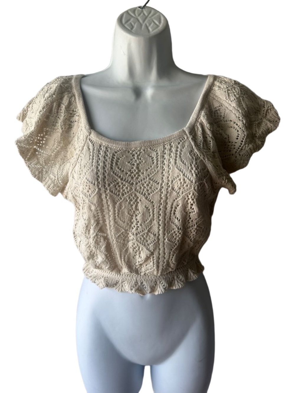 Freshman 1996 Cream Pointelle Knit Crop Top Size M Ruffle Hem Y2K Boho Trendy